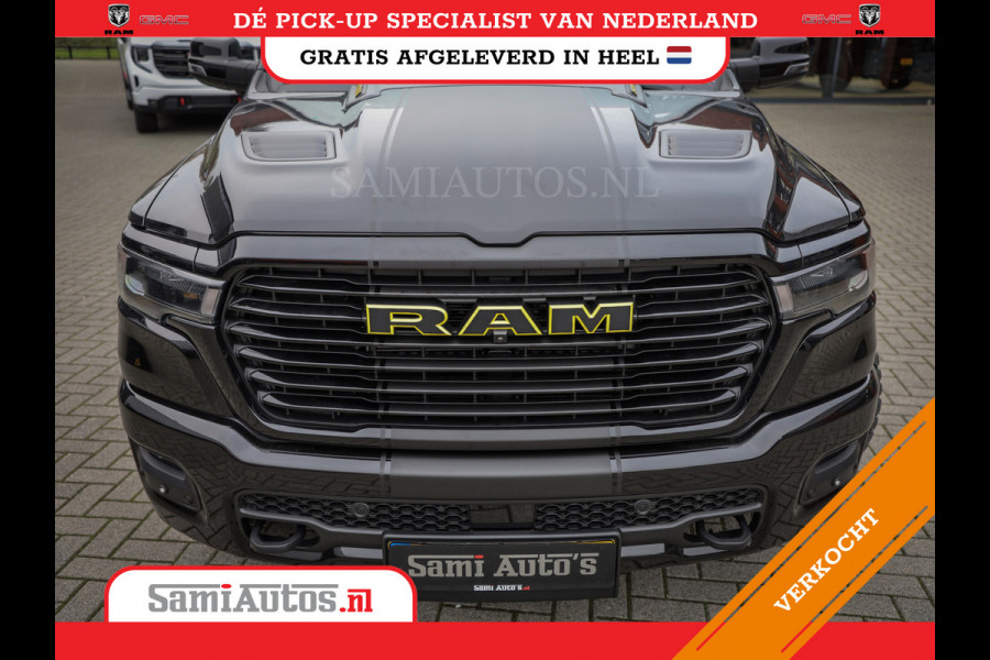 Dodge Ram PREMIUM NIGHT | MAY 2025 BOM VOL + HUD & 14.4 INCH SCHERM | LUCHTVERING | 420PK 636 Nm | PRIJS MET LPG EN COVER EN GARANTIE | DUBBELE CABINE | PICK UP | 5 PERSOONS | DC | GRIJSKENTEKEN | VOORRAAD NR 2232 - 3424