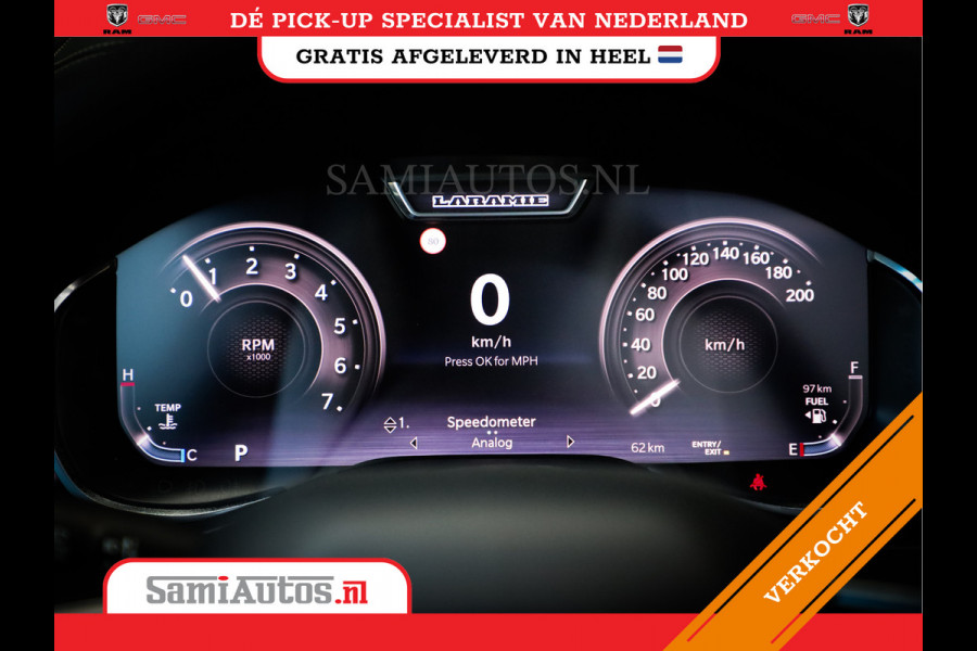 Dodge Ram PREMIUM NIGHT | MAY 2025 BOM VOL + HUD & 14.4 INCH SCHERM | LUCHTVERING | 420PK 636 Nm | PRIJS MET LPG EN COVER EN GARANTIE | DUBBELE CABINE | PICK UP | 5 PERSOONS | DC | GRIJSKENTEKEN | VOORRAAD NR 2232 - 3424
