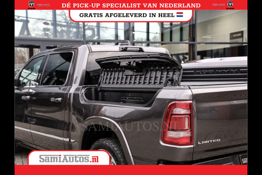 Dodge Ram 1500 LIMITED RAMBOX | LUCHTVERING | 5.7 V8 4X4 | MULTI TAILGATE | HUD | ADAPTIVE CRUISE | EERSTE EIGENAAR | LPG PRINS | 3500KG 360 CAMERA | LANE ASSIST | MEMORY SEATS | DUBBELE CABINE | CREWCAB