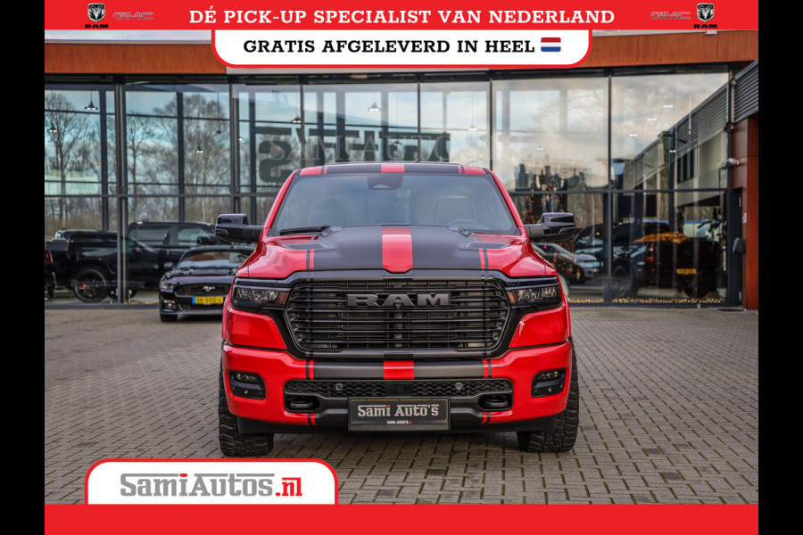 Dodge Ram PREMIUM 420PK 636 Nm | BOM VOL | HEAD UP + 14.4 INCH SCHERM + LUCHTVERING | PRIJS MET LPG EN COVER EN GARANTIE | DUBBELE CABINE | PICK UP | 5 PERSOONS | DC | GRIJSKENTEKEN | PR4 FLAME RED | VOORRAAD NR 2226 - 4993