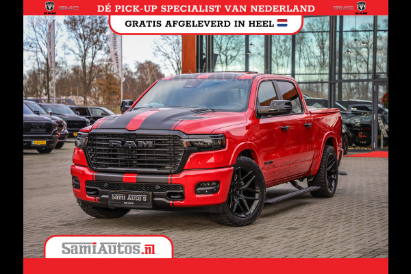 Dodge Ram PREMIUM 420PK 636 Nm | BOM VOL | HEAD UP + 14.4 INCH SCHERM + LUCHTVERING | PRIJS MET LPG EN COVER EN GARANTIE | DUBBELE CABINE | PICK UP | 5 PERSOONS | DC | GRIJSKENTEKEN | PR4 FLAME RED | VOORRAAD NR 2226 - 4993