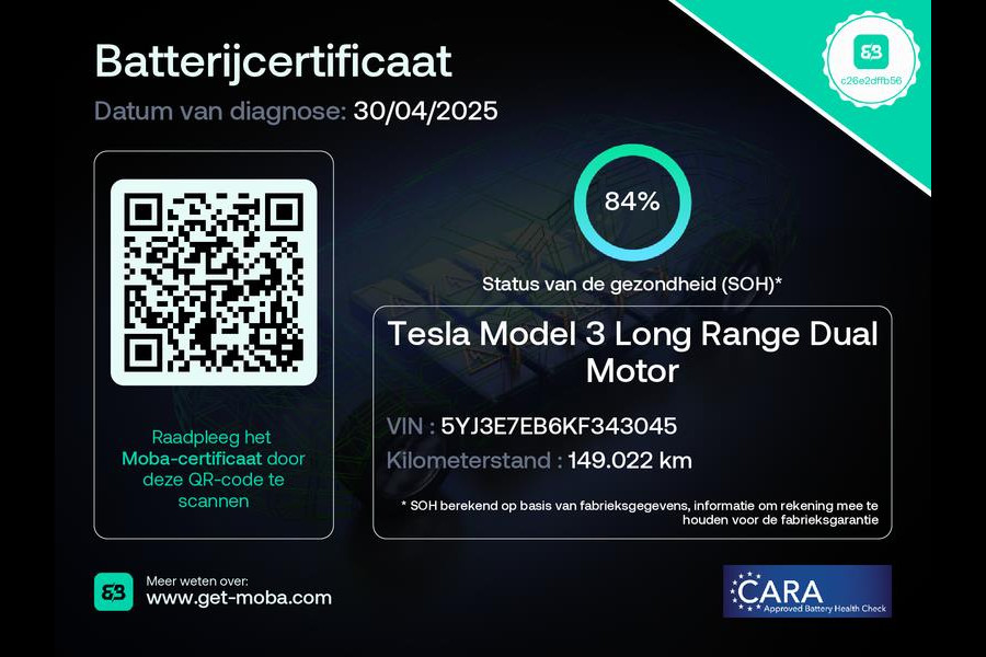 Tesla Model 3 Long Range AWD 75 kWh 84% SOH Trekhaak (910kg) 19 INCH