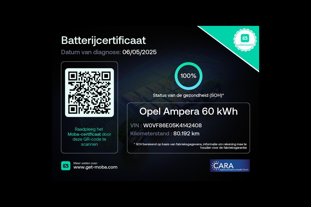Opel Ampera-E Business Executive 60 kWh 100% SOH Certificaat Opel Ampera-E Business Executive 60 kWh 100% SOH Certificaat