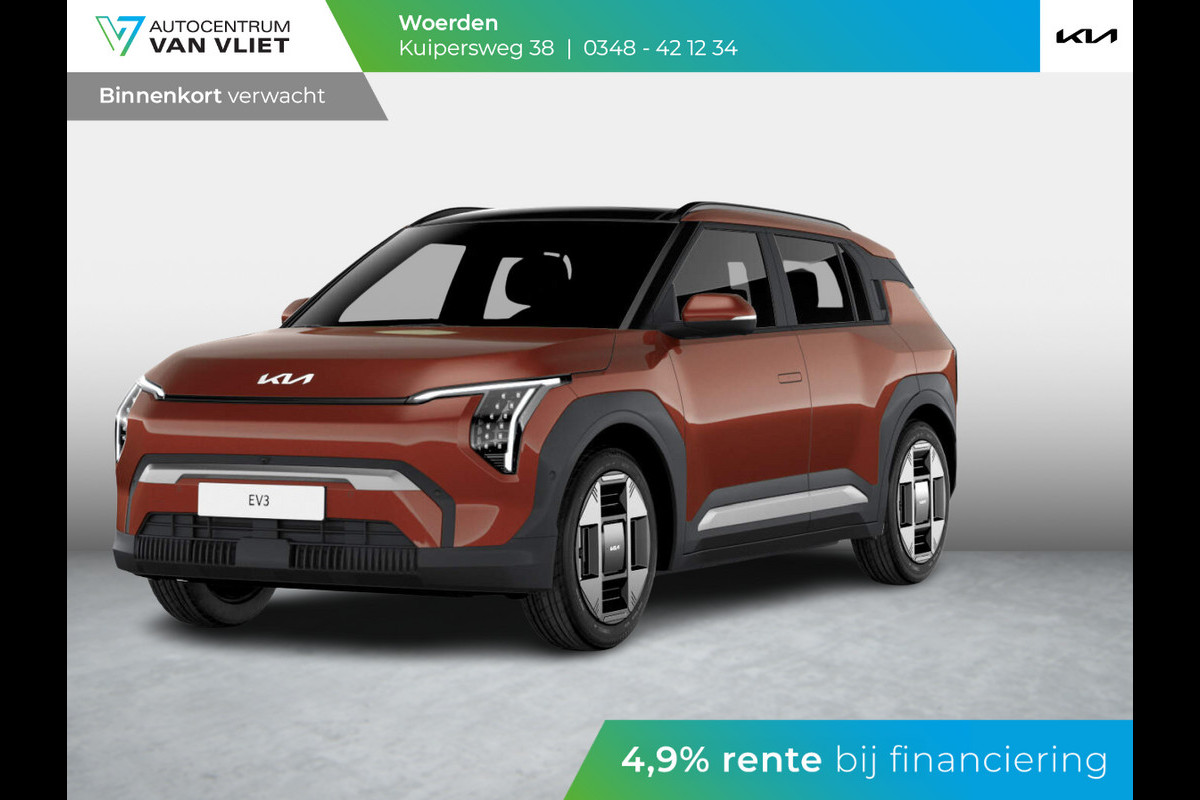 Kia EV3 Plus Advanced 81.4 kWh | Levering Juni | 600km Rijbereik | Navi | 19" | Adapt. Cruise | Clima | Schuif/Kanteldak | Stoel&Stuurverw. | Priv Glass | BSM | Harman Kardon | Private Lease € 616,- Actie !