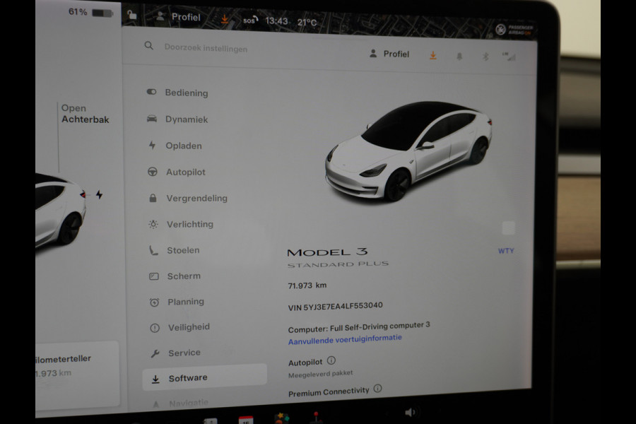 Tesla Model 3 RWD SR+ 60kWh 325PK Lmv 18" AutoPilot Leder PanoDak Adaptive-Cruise Lmv Camera's Elektr.-Stuur+Stoelen+Spiegels+Geheugen+Easy-En Navi LED Comfortstoelen ACC DAB Keyless en Voorverwarmen interieur via App One-Pedal-Drive Origineel Nederlandse auto tot 11kw laden thuis! Garantie Accu tot 10-12-2027 max 160.000km 1.584kg licht!