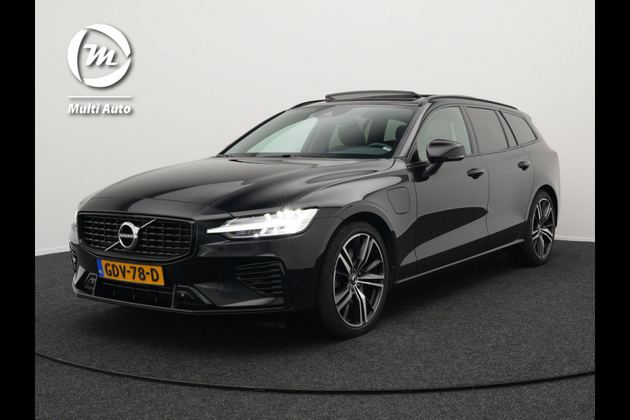 Volvo V60 T8 Recharge AWD R-Design Plug In Hybrid LONG RANGE 455PK PHEV | Panodak | Trekhaak af Fabriek | Adaptive Cruise | Lederen Sportstoelen Memory | Camera | Stuur / Stoelverwarming | Apple Carplay | 19"L.M |
