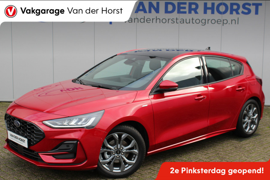 Ford Focus 1.0-125pk EcoBoost Mild-Hybrid ST-Line. Chique en erg luxe Ford Focus, fabr. gar. t/m 9 febr. 2027 ! Volautm. airco, navigatie, telefoonvoorb., All Season banden, B&O soundsyst., elektr. panodak, stuur-, stoel- en voorraamverw., adapt. cruise cntrl, side- en lane assist., LED  etc.