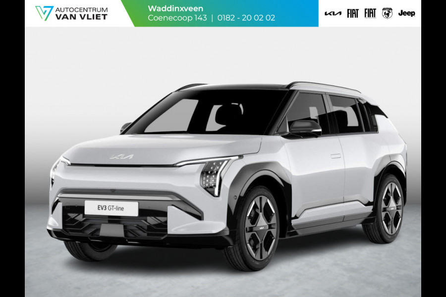 Kia EV3 GT-Line 81.4 kWh | Levering Mei | 600km Rijbereik | Navi | 19" | Adapt. Cruise | Clima | Schuif/Kanteldak | Stoel&Stuurverw. | Priv Glass | BSM | Harman Kardon | LED | Private Lease € 614,- Actie !