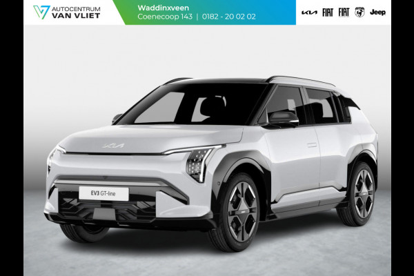 Kia EV3 GT-Line 81.4 kWh | Levering Mei | 600km Rijbereik | Navi | 19" | Adapt. Cruise | Clima | Schuif/Kanteldak | Stoel&Stuurverw. | Priv Glass | BSM | Harman Kardon | LED | Private Lease € 614,- Actie !