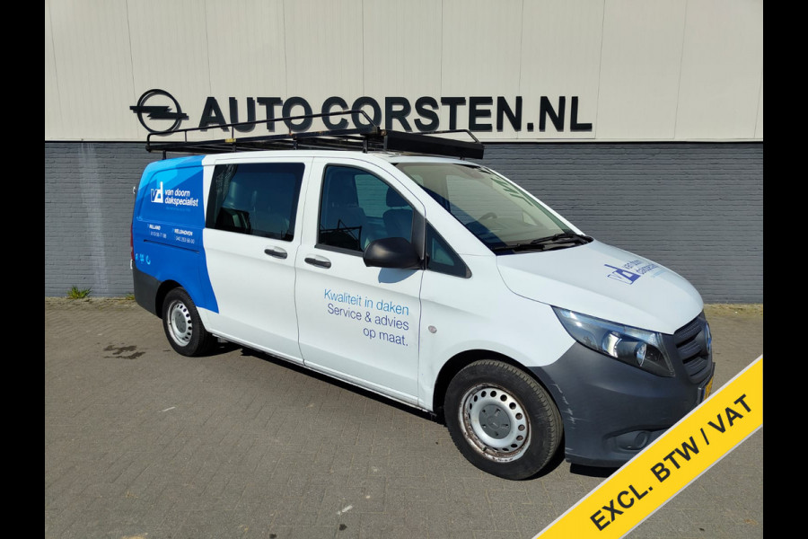 Mercedes-Benz Vito 111 CDI Lang Dubbele Cabine Airco Trekhaak Imperial+Ladderrol Bluetooth Licht/Regen-Sensor Betonplex Vloer Lat om Lat Betimmering Zijschuifdeur Comfort 1e eigenaar! Euro 6