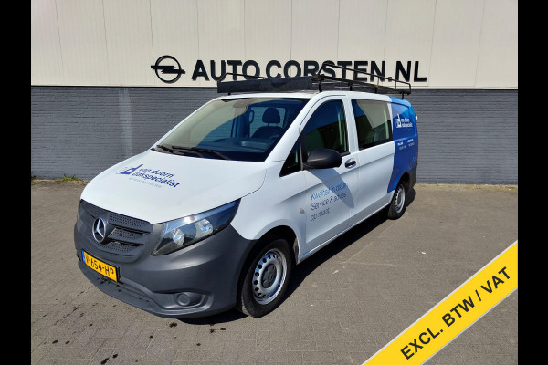 Mercedes-Benz Vito 111 CDI Lang Dubbele Cabine Airco Trekhaak Imperial+Ladderrol Bluetooth Licht/Regen-Sensor Betonplex Vloer Lat om Lat Betimmering Zijschuifdeur Comfort 1e eigenaar! Euro 6