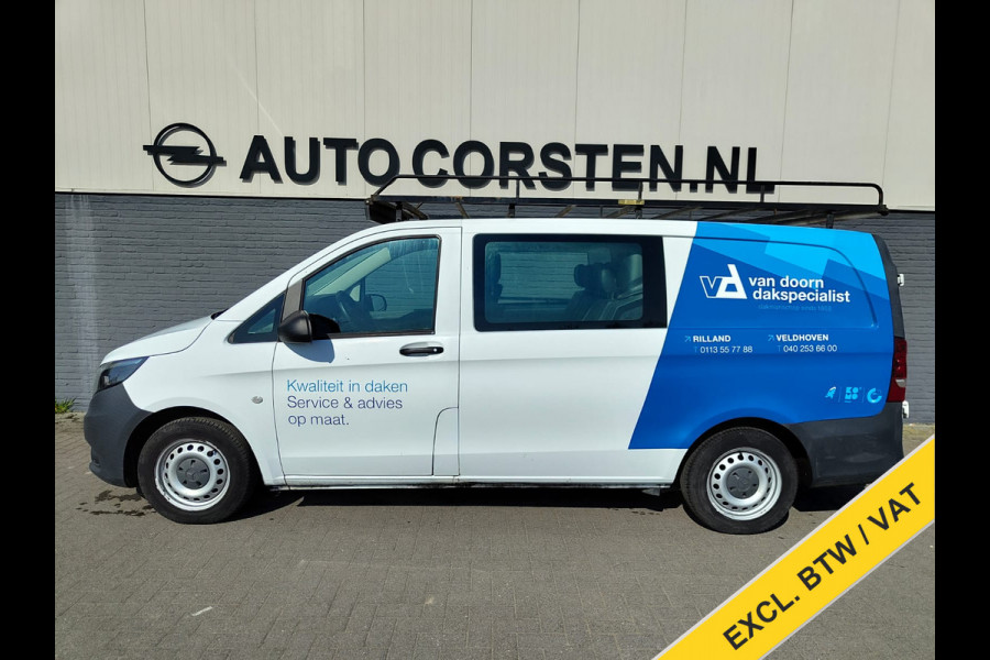Mercedes-Benz Vito 111 CDI Lang Dubbele Cabine Airco Trekhaak Imperial+Ladderrol Bluetooth Licht/Regen-Sensor Betonplex Vloer Lat om Lat Betimmering Zijschuifdeur Comfort 1e eigenaar! Euro 6