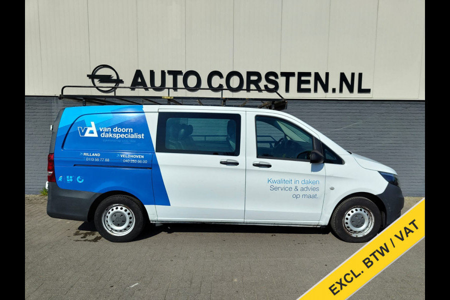 Mercedes-Benz Vito 111 CDI Lang Dubbele Cabine Airco Trekhaak Imperial+Ladderrol Bluetooth Licht/Regen-Sensor Betonplex Vloer Lat om Lat Betimmering Zijschuifdeur Comfort 1e eigenaar! Euro 6