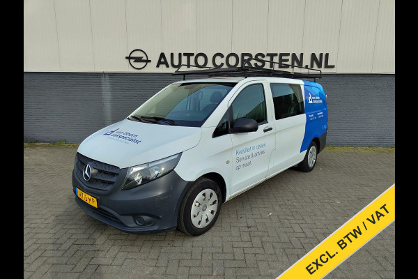 Mercedes-Benz Vito 111 CDI Lang Dubbele Cabine Airco Trekhaak Imperial+Ladderrol Bluetooth Licht/Regen-Sensor Betonplex Vloer Lat om Lat Betimmering Zijschuifdeur Comfort 1e eigenaar! Euro 6