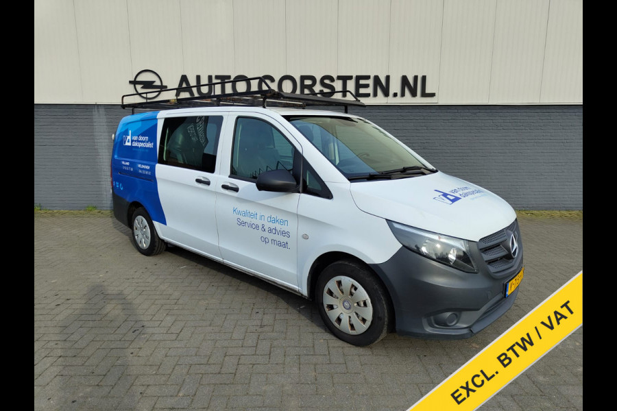 Mercedes-Benz Vito 111 CDI Lang Dubbele Cabine Airco Trekhaak Imperial+Ladderrol Bluetooth Licht/Regen-Sensor Betonplex Vloer Lat om Lat Betimmering Zijschuifdeur Comfort 1e eigenaar! Euro 6