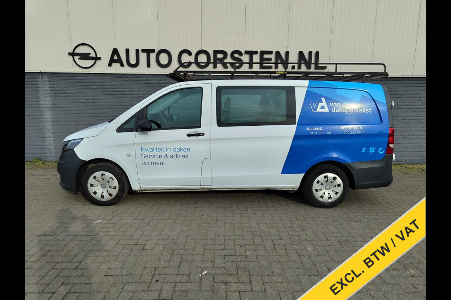 Mercedes-Benz Vito 111 CDI Lang Dubbele Cabine Airco Trekhaak Imperial+Ladderrol Bluetooth Licht/Regen-Sensor Betonplex Vloer Lat om Lat Betimmering Zijschuifdeur Comfort 1e eigenaar! Euro 6