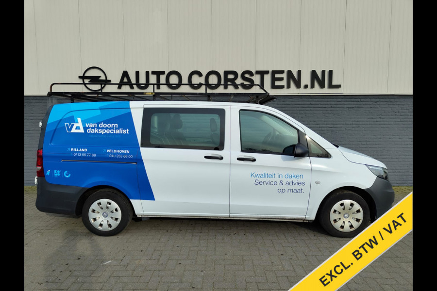 Mercedes-Benz Vito 111 CDI Lang Dubbele Cabine Airco Trekhaak Imperial+Ladderrol Bluetooth Licht/Regen-Sensor Betonplex Vloer Lat om Lat Betimmering Zijschuifdeur Comfort 1e eigenaar! Euro 6