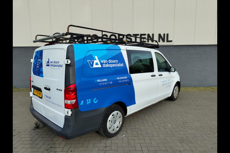 Mercedes-Benz Vito 111 CDI Lang Dubbele Cabine Airco Trekhaak Imperial+Ladderrol Bluetooth Licht/Regen-Sensor Betonplex Vloer Lat om Lat Betimmering Zijschuifdeur Comfort 1e eigenaar! Euro 6