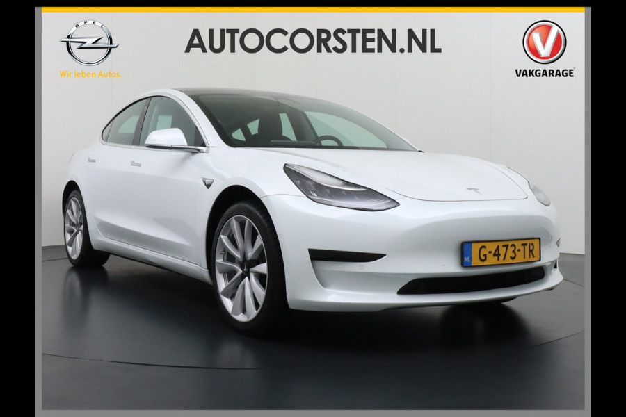 Tesla Model 3 RWD SR+ 60kWh 325PK Lmv 19" AutoPilot Leder PanoDak Adaptive-Cruise Lmv Camera's Elektr.-Stuur+Stoelen+Spiegels+Geheugen+Easy-En Navi LED Comfortstoelen ACC DAB Keyless en Voorverwarmen interieur via App One-Pedal-Drive Origineel Nederlandse auto 1e Eigenaar Garantie Accu/Motor tot 16-12-2027 max 160.000km 1.584kg licht!