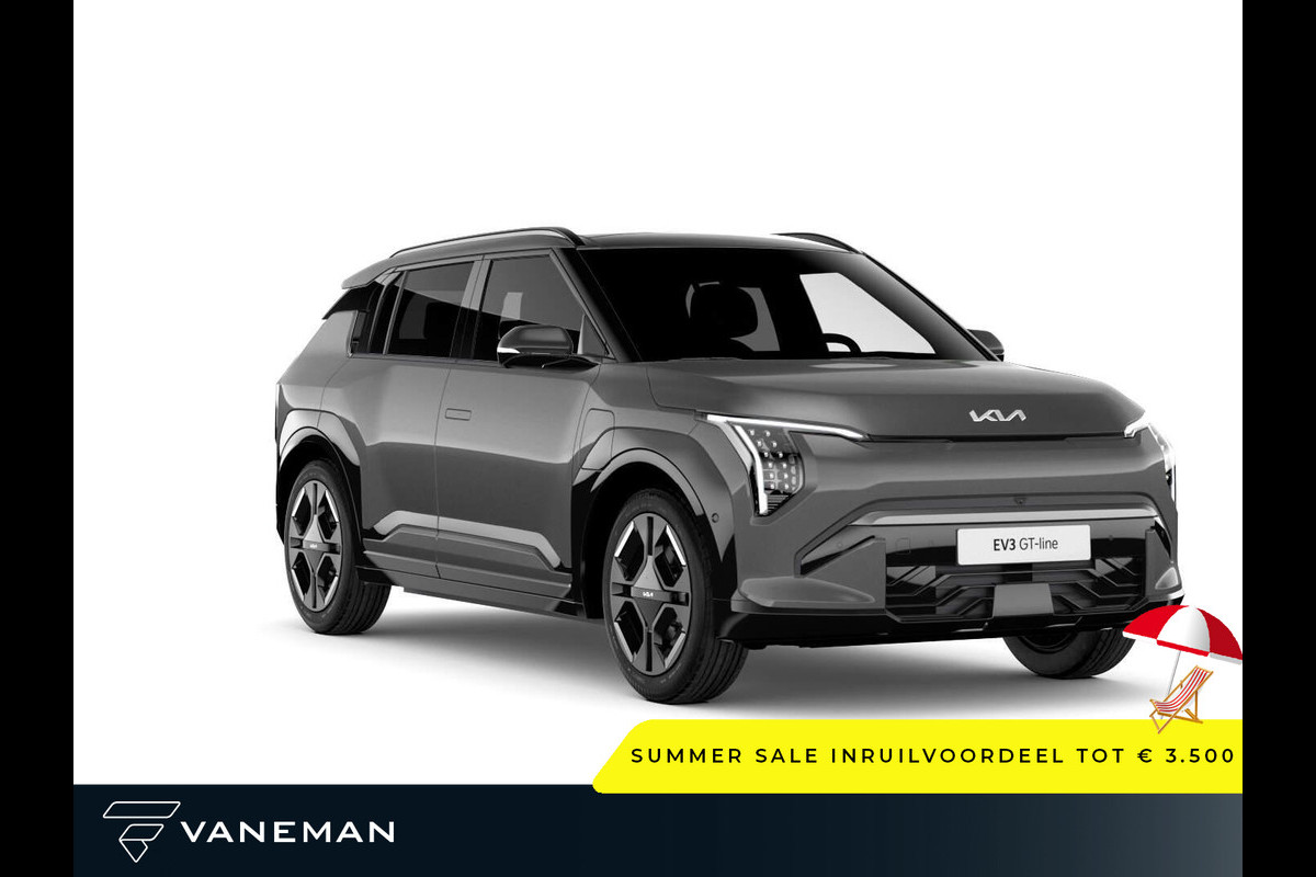 Kia EV3 GT-PlusLine 81.4 kWh | Elektrisch glazen schuif-/kanteldak | Lichtmetalen velgen 5-spaaks 19" Kia EV3 GT-PlusLine 81.4 kWh | Elektrisch glazen schuif-/kanteldak | Lichtmetalen velgen 5-spaaks 19"