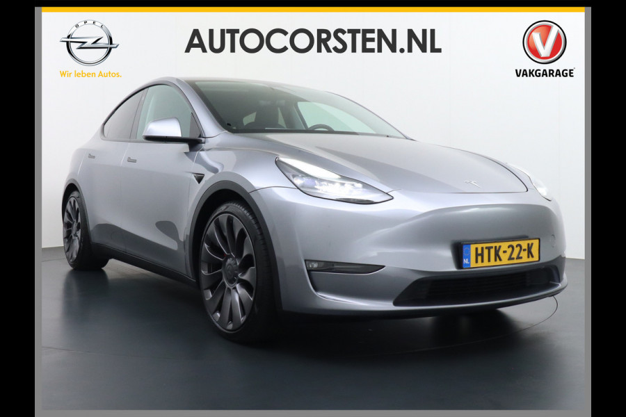 Tesla Model Y Performance 534pk 0-100 3,8 sec. AWD 78,1kWh Warmte-pomp 21"-lm FSD-Comp.3 AutoPilot Carbon-Spoiler Elekr.Achterklep AMD-Ryzen-i 3xCamera Navi LED ACC DAB Voorverwarmen interieur en Keyless via App One-Pedal-Drive Rode Remklauwen Garantie op Accu 13-04-2031 maz. 192.000km max. 250Kw laadvermogen !