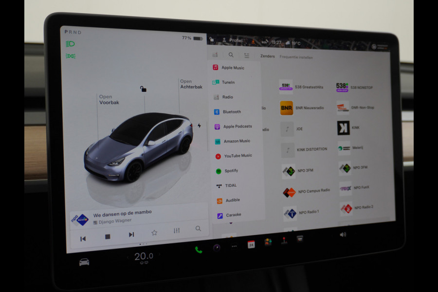 Tesla Model Y Performance 534pk 0-100 3,8 sec. AWD 78,1kWh Warmte-pomp 21"-lm FSD-Comp.3 AutoPilot Carbon-Spoiler Elekr.Achterklep AMD-Ryzen-i 3xCamera Navi LED ACC DAB Voorverwarmen interieur en Keyless via App One-Pedal-Drive Rode Remklauwen Garantie op Accu 13-04-2031 maz. 192.000km max. 250Kw laadvermogen !