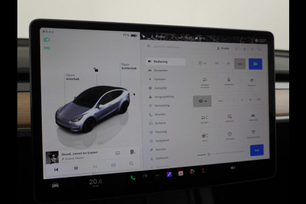 Tesla Model Y Performance 534pk 0-100 3,8 sec. AWD 78,1kWh Warmte-pomp 21"-lm FSD-Comp.3 AutoPilot Carbon-Spoiler Elekr.Achterklep AMD-Ryzen-i 3xCamera Navi LED ACC DAB Voorverwarmen interieur en Keyless via App One-Pedal-Drive Rode Remklauwen Garantie op Accu 13-04-2031 maz. 192.000km max. 250Kw laadvermogen !
