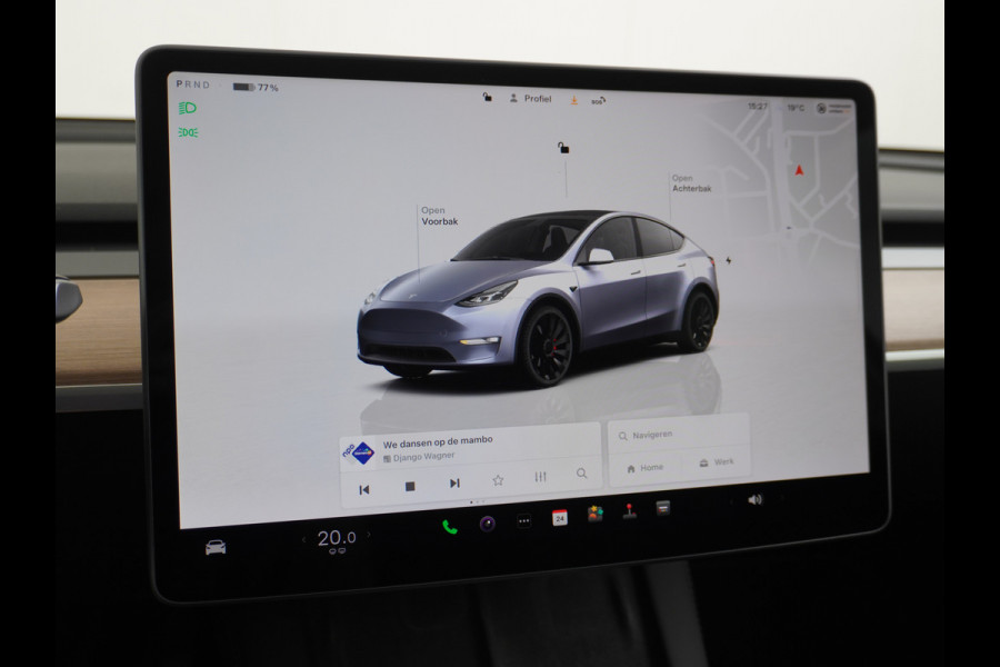 Tesla Model Y Performance 534pk 0-100 3,8 sec. AWD 78,1kWh Warmte-pomp 21"-lm FSD-Comp.3 AutoPilot Carbon-Spoiler Elekr.Achterklep AMD-Ryzen-i 3xCamera Navi LED ACC DAB Voorverwarmen interieur en Keyless via App One-Pedal-Drive Rode Remklauwen Garantie op Accu 13-04-2031 maz. 192.000km max. 250Kw laadvermogen !