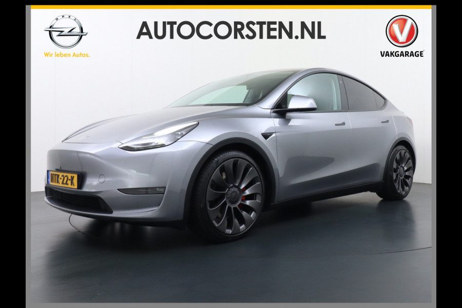 Tesla Model Y Performance 534pk 0-100 3,8 sec. AWD 78,1kWh Warmte-pomp 21"-lm FSD-Comp.3 AutoPilot Carbon-Spoiler Elekr.Achterklep AMD-Ryzen-i 3xCamera Navi LED ACC DAB Voorverwarmen interieur en Keyless via App One-Pedal-Drive Rode Remklauwen Garantie op Accu 13-04-2031 maz. 192.000km max. 250Kw laadvermogen !