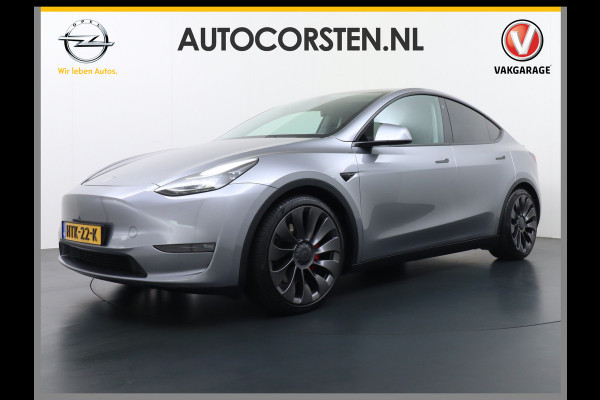Tesla Model Y Performance 534pk 0-100 3,8 sec. AWD 78,1kWh Warmte-pomp 21"-lm FSD-Comp.3 AutoPilot Carbon-Spoiler Elekr.Achterklep AMD-Ryzen-i 3xCamera Navi LED ACC DAB Voorverwarmen interieur en Keyless via App One-Pedal-Drive Rode Remklauwen Garantie op Accu 13-04-2031 maz. 192.000km max. 250Kw laadvermogen !