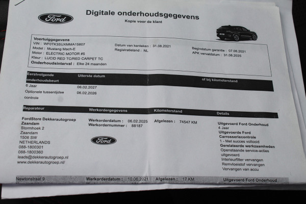 Ford Mustang Mach-E Extended First Edition AWD 98 kWh / Glascoating / Panoramadak / Camera / Leder / 19'' / B&O / Keyless / DAB / Dodehoek / ACC / Navigatie / Sfeerverlichting / Stoelverwarming