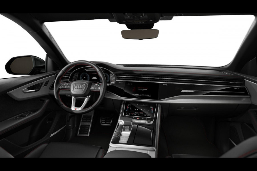 Audi Q8 55 TFSI e quattro Pro Line S 394pk | Rood stiksel / Gordels | Panoramadak | B&O | Vierwielbesturing | Ass.Plus.Remote | Sportstoel Plus | 23'' inch Zwart | Trekhaak |