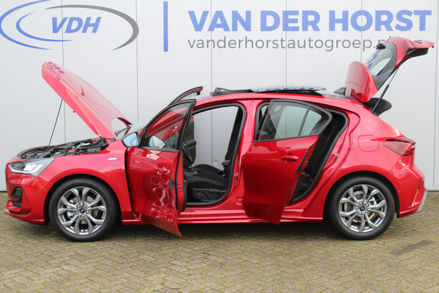 Ford Focus 1.0-125pk EcoBoost Mild-Hybrid ST-Line. Chique en erg luxe Ford Focus, fabr. gar. t/m 9 febr. 2027 ! Volautm. airco, navigatie, telefoonvoorb., All Season banden, B&O soundsyst., elektr. panodak, stuur-, stoel- en voorraamverw., adapt. cruise cntrl, side- en lane assist., LED  etc.