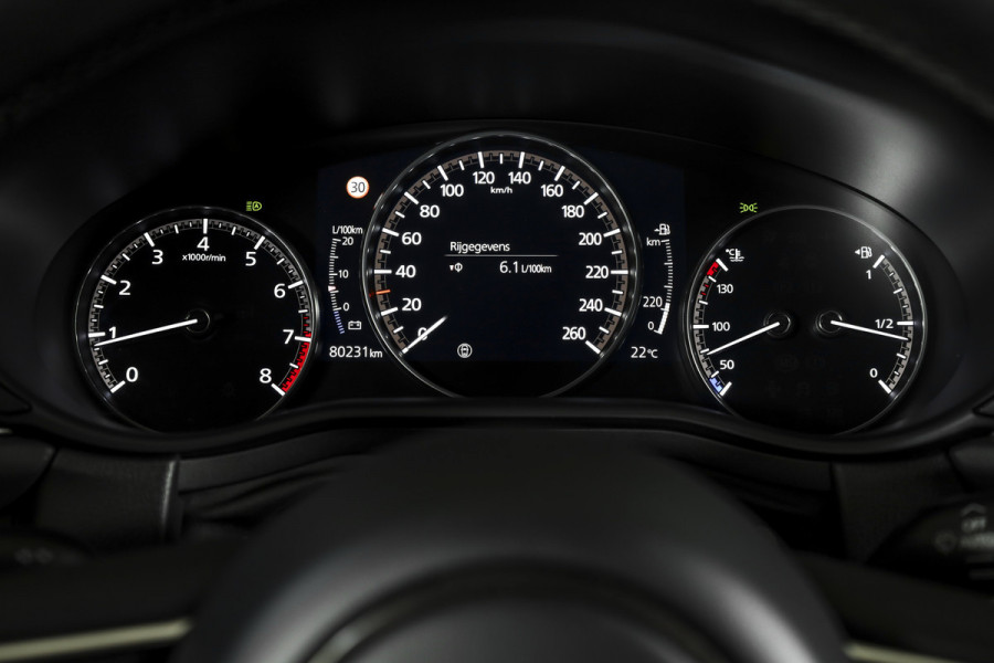 Mazda CX-30 2.0 e-SkyActiv-X M Hybrid 180 PK Luxury | S/K-Dak | Adapt. Cruise | Stoel-+Stuurverw. | PDC | 360 Camera | NAV + App. Connect | ECC | Bose | Elek. Klep | LM 18" |