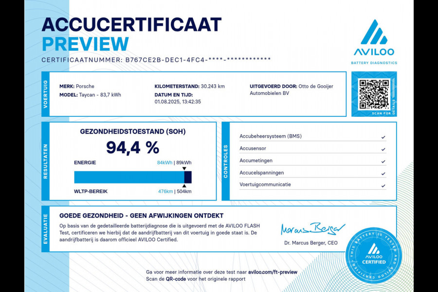 Porsche Taycan Performance 84 kWh / SoH 94,4% / Panoramadak / 360Camera / Luchtvering / 20'' / Dodehoek / Stuurverwarming / Getint glas / Stoelverwarming / Warmtepomp