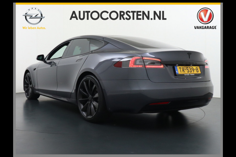 Tesla Model S 100D 100kwh accu 4wd 0-100 4.3sec. Leder Panoramadak Navi Ecc Led Adaptief Adap.Cruise Autopilot Luchtvering Premium Audio Carbon int. Lmv 21" Elek.Achterklep Wifi Verkeersbord detectie Dodehoek detector Keyless