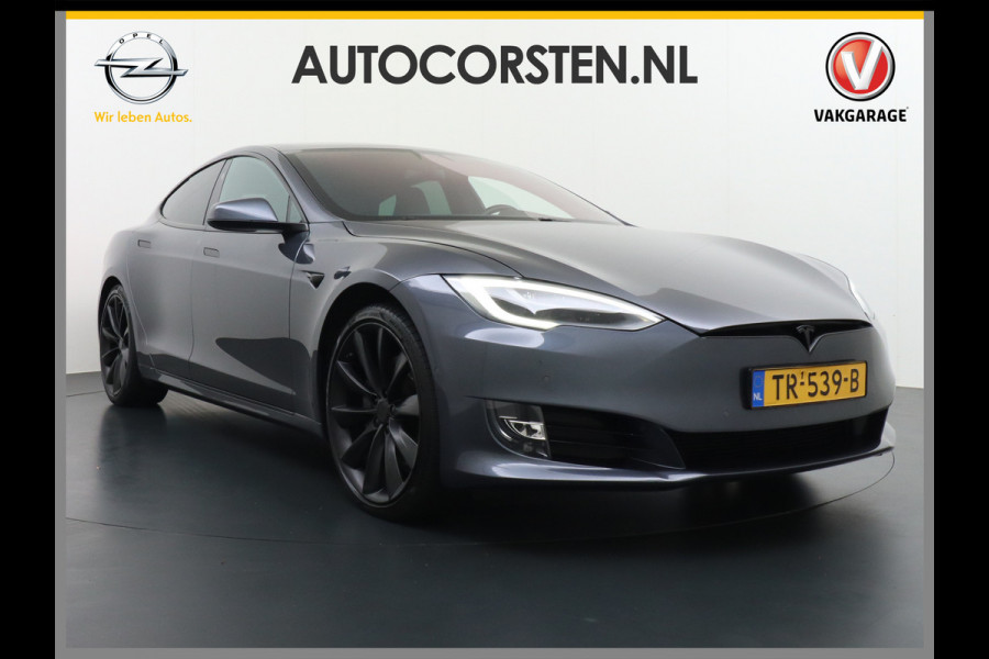 Tesla Model S 100D 100kwh accu 4wd 0-100 4.3sec. Leder Panoramadak Navi Ecc Led Adaptief Adap.Cruise Autopilot Luchtvering Premium Audio Carbon int. Lmv 21" Elek.Achterklep Wifi Verkeersbord detectie Dodehoek detector Keyless