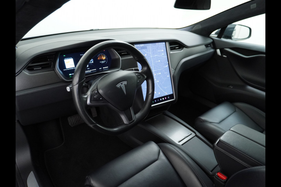 Tesla Model S 100D 100kwh accu 4wd 0-100 4.3sec. Leder Panoramadak Navi Ecc Led Adaptief Adap.Cruise Autopilot Luchtvering Premium Audio Carbon int. Lmv 21" Elek.Achterklep Wifi Verkeersbord detectie Dodehoek detector Keyless