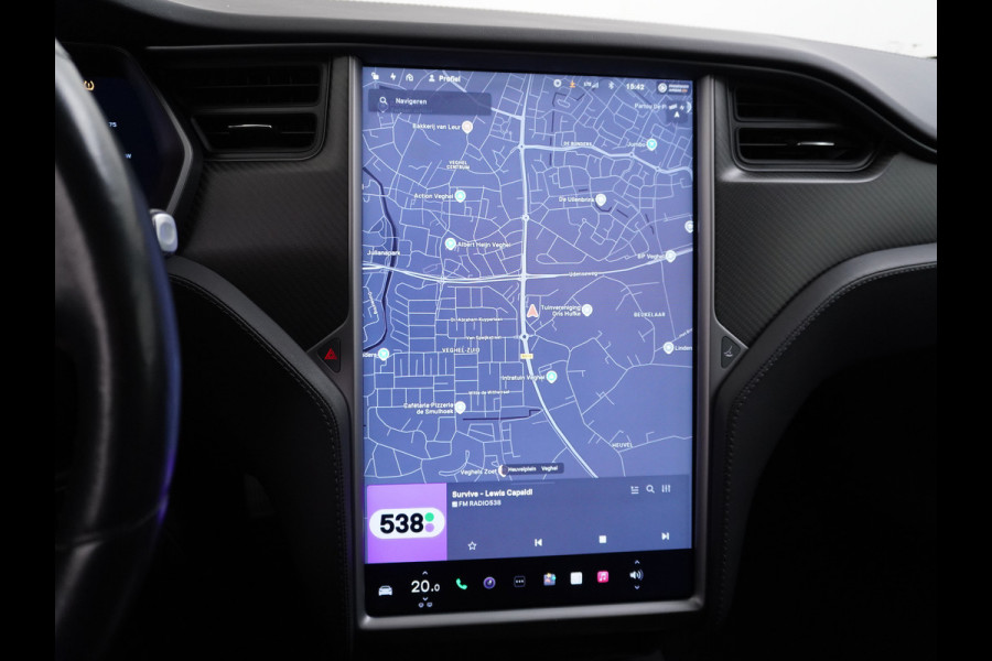 Tesla Model S 100D 100kwh accu 4wd 0-100 4.3sec. Leder Panoramadak Navi Ecc Led Adaptief Adap.Cruise Autopilot Luchtvering Premium Audio Carbon int. Lmv 21" Elek.Achterklep Wifi Verkeersbord detectie Dodehoek detector Keyless