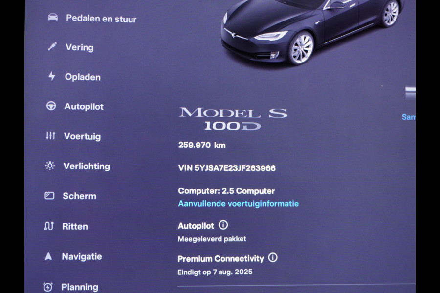 Tesla Model S 100D 100kwh accu 4wd 0-100 4.3sec. Leder Panoramadak Navi Ecc Led Adaptief Adap.Cruise Autopilot Luchtvering Premium Audio Carbon int. Lmv 21" Elek.Achterklep Wifi Verkeersbord detectie Dodehoek detector Keyless