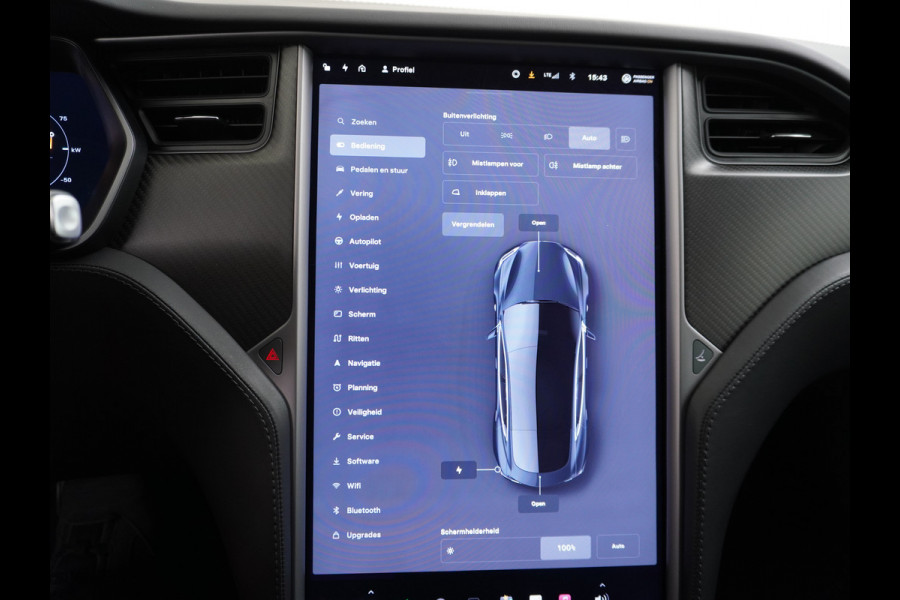 Tesla Model S 100D 100kwh accu 4wd 0-100 4.3sec. Leder Panoramadak Navi Ecc Led Adaptief Adap.Cruise Autopilot Luchtvering Premium Audio Carbon int. Lmv 21" Elek.Achterklep Wifi Verkeersbord detectie Dodehoek detector Keyless