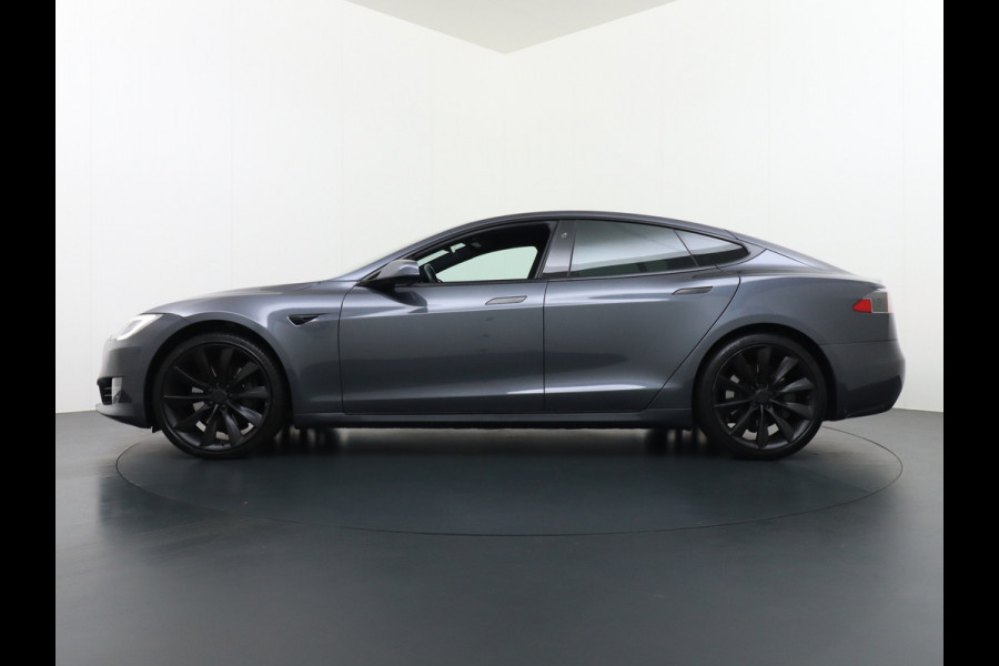 Tesla Model S 100D 100kwh accu 4wd 0-100 4.3sec. Leder Panoramadak Navi Ecc Led Adaptief Adap.Cruise Autopilot Luchtvering Premium Audio Carbon int. Lmv 21" Elek.Achterklep Wifi Verkeersbord detectie Dodehoek detector Keyless