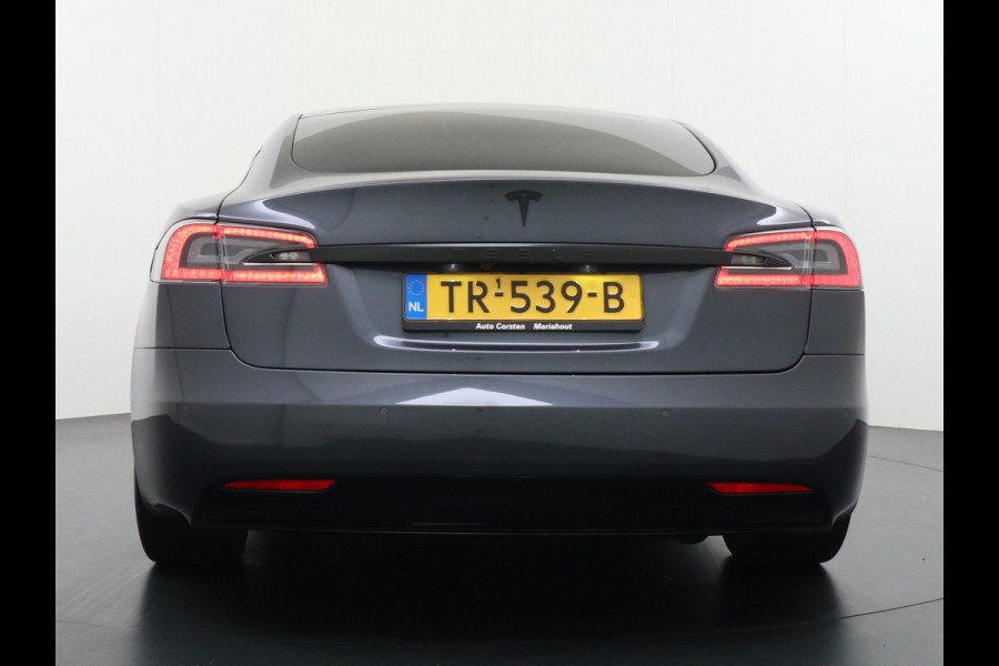 Tesla Model S 100D 100kwh accu 4wd 0-100 4.3sec. Leder Panoramadak Navi Ecc Led Adaptief Adap.Cruise Autopilot Luchtvering Premium Audio Carbon int. Lmv 21" Elek.Achterklep Wifi Verkeersbord detectie Dodehoek detector Keyless