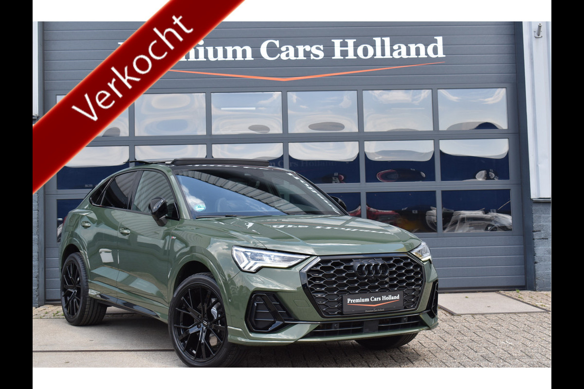 Audi Q3 Sportback 45 TFSI e S-Line Black Ed Uniek District Groen Metallic Pano Memory Navi 360 Camera Leder Trekhaak 20 Inch Audi Q3 Sportback 45 TFSI e S-Line Black Ed Uniek District Groen Metallic Pano Memory Navi 360 Camera Leder Trekhaak 20 Inch
