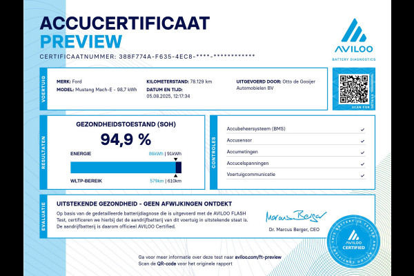Ford Mustang Mach-E Extended First Edition AWD 98 kWh / SoH 94.9% / Panoramadak / Camera / Leder / 19'' / B&O / Keyless / DAB / Dodehoek / ACC / Navigatie / Sfeerverlichting / Stoelverwarming