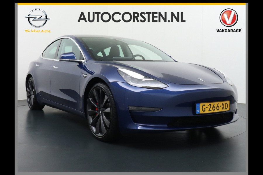 Tesla Model 3 Performance 513pk 3,4 sec 0-100 ! Long Range 20"lm FSD-computer 3 AutoPilot Carbon-Spoiler Premium-HiFi Pano.dak Camera Leer Ada Navigatiesysteem full map LED-a+v Comfortstoel(en) ACC Dual-ECC DAB Voorverwarmen interieur via App Keyless via Telefoonsleutel One-Pedal-Drive 4wd Rode Remklauwen Carbon-Spoiler Premium Audio Veel grip door 4WD vierwielaandrijving.  Origineel Nederlandse auto ! nieuwprijs euro 65.680 euro Accu garantie 23-12-2027