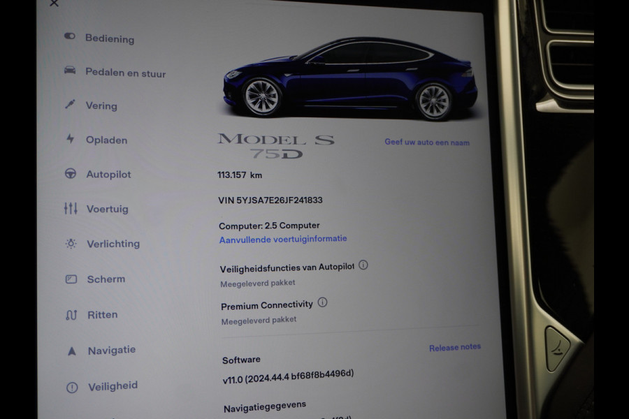 Tesla Model S 75D AWD Luchtvering AutoPilot Navi Panoramadak Camera Led Elektr.Stuur en Stoel+Geheugen+Spiegels+verwarmd Elektr.Achterklep Key 19"Lmv 4WD WiFi Rijstrookhulp Bordherkenning ACC ESP Dodehoek Detector Mistlampen NVIDIA®Tegra® Processor HomeLink 5 Origineel Nederlandse Tesla Nieuwprijs €87.150 Garantie op de accu/motor tot 29-03-2026/240.000km