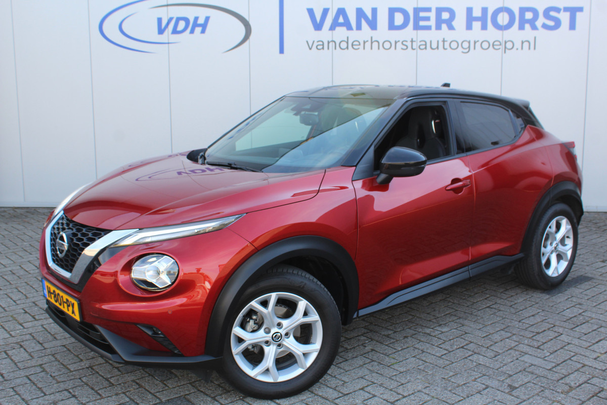 Nissan Juke 1.0-117pk DIG-T Tekna. Keurig nette, erg luxe en goed onderhouden Nissan Juke, van 1e eig. Autm. airco, LM wielen, metallic lak two tone, stoelverwarming, lane- en side assist, 360gr. camera, trekhaak, LM wielen, navigatie, telefoonvoorb., cruise cntrl etc