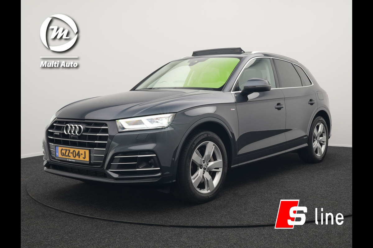 Audi Q5 55 TFSI e Quattro S Line Plug In Hybrid 367pk Dealer O.H PHEV | Luchtvering | Trekhaak af Fabriek | Panodak | Adaptive Cruise | Lederen Sportstoelen Massage & Memory | Head Up | 360 Camera | Keyless | Navigatie | DAB |