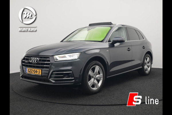 Audi Q5 55 TFSI e Quattro S Line Plug In Hybrid 367pk Dealer O.H PHEV | Luchtvering | Trekhaak af Fabriek | Panodak | Adaptive Cruise | Lederen Sportstoelen Massage & Memory | Head Up | 360 Camera | Keyless | Navigatie | DAB |